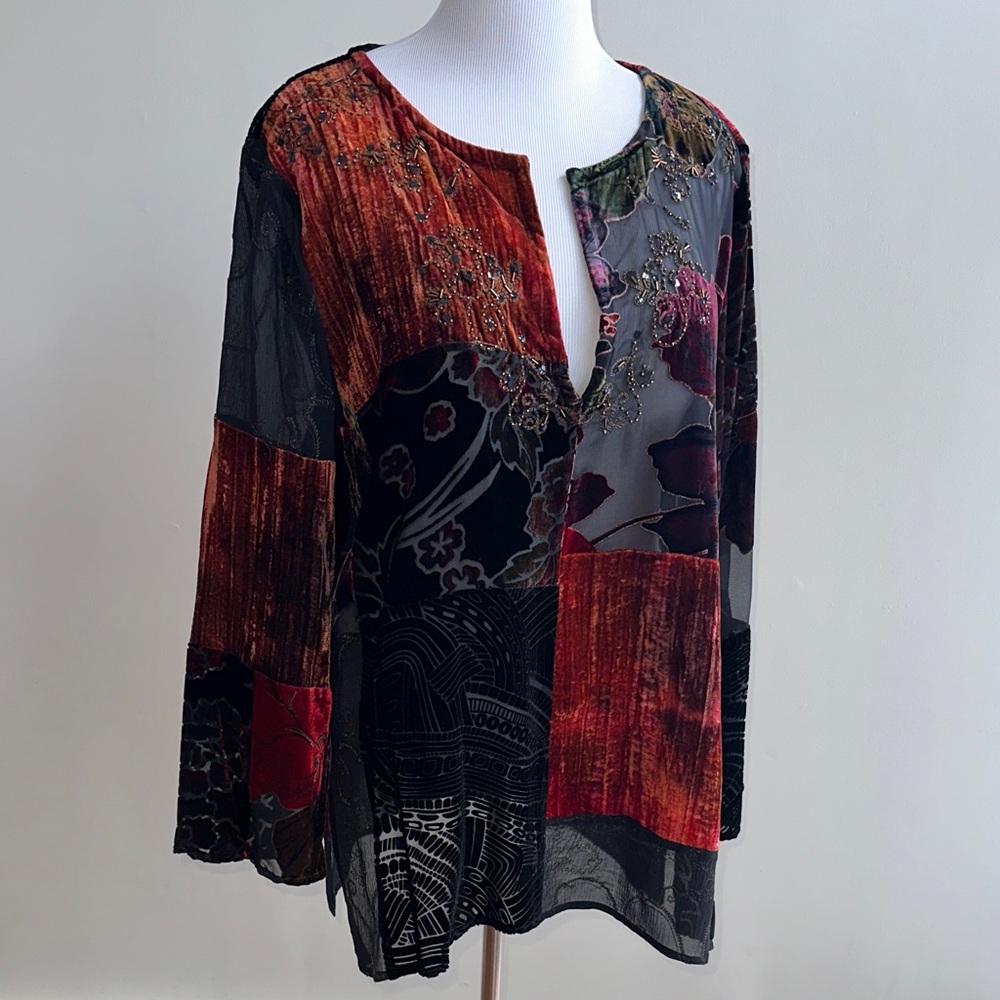 Chico's Vibrant Patchwork Blouse - Red and Black